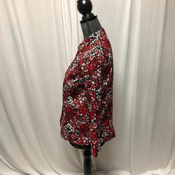 Christopher and Banks Jacket Womens Size Medium Floral Stretch Red Black Snaps - Picture 3 of 8